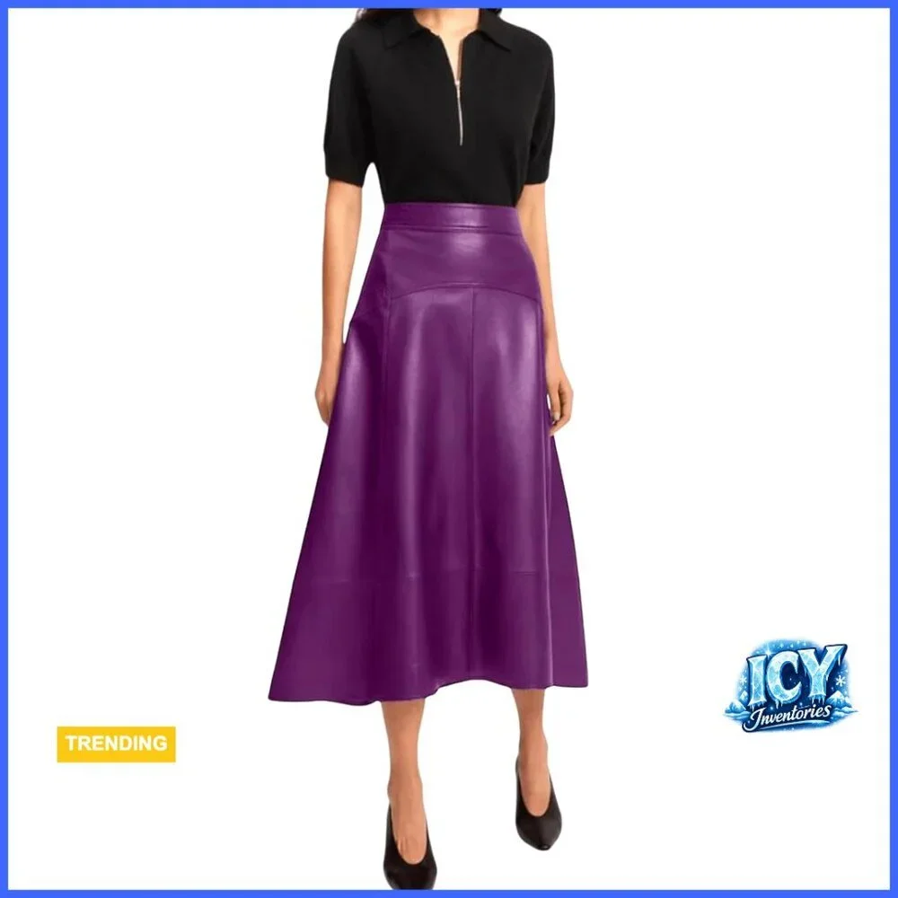 Genuine Leather A-Line Midi Skirt High Waist Patchwork Detail Women's